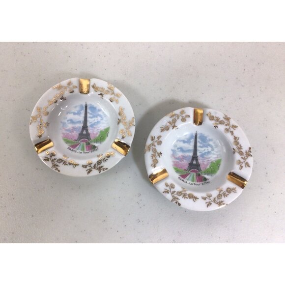 Limoges France Paris Ashtray Set Eiffel Tower White Gold Floral Lot of 2 - Picture 1 of 6